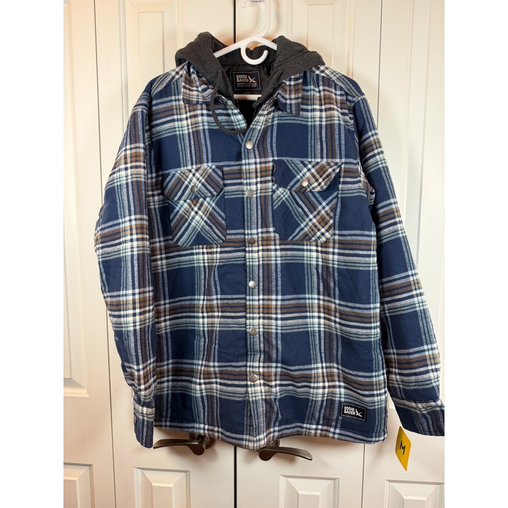 Eddie Bauer Mens Plaid Hooded Shirt Jacket Blue Brown Quilted Flannel Lined M